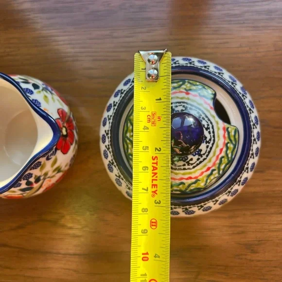 Authentic Handmade Polish Pottery UNIKAT Sugar Bowl with Lid & Matching Creamer - Picture 6 of 7